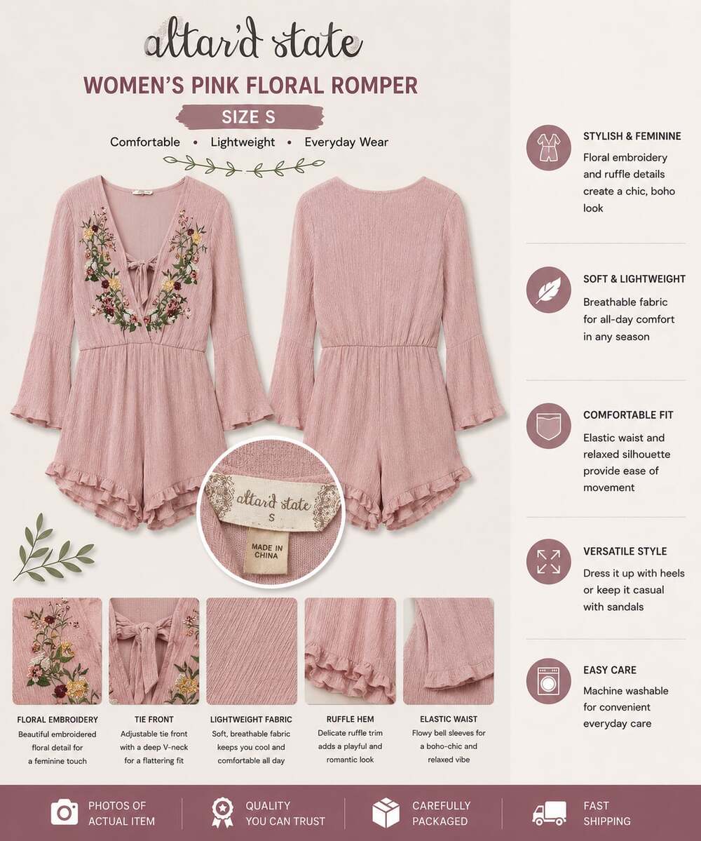 Altar'd State Dusty Pink Floral Embroidered Tie Front Romper